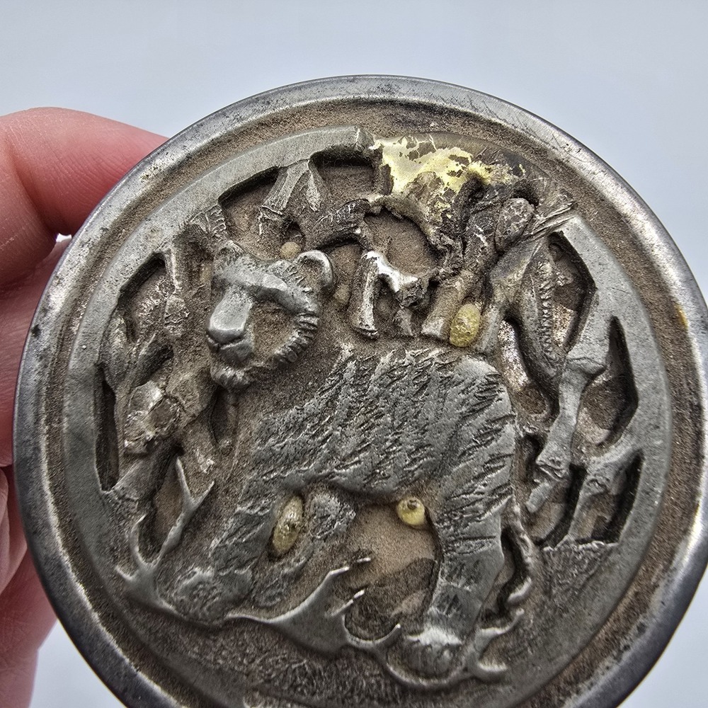 1970s Metzke Pewter Round‎ Panther Lioness Owl Tiger Trinket Tin Box Small AS IS - Picture 3 of 13